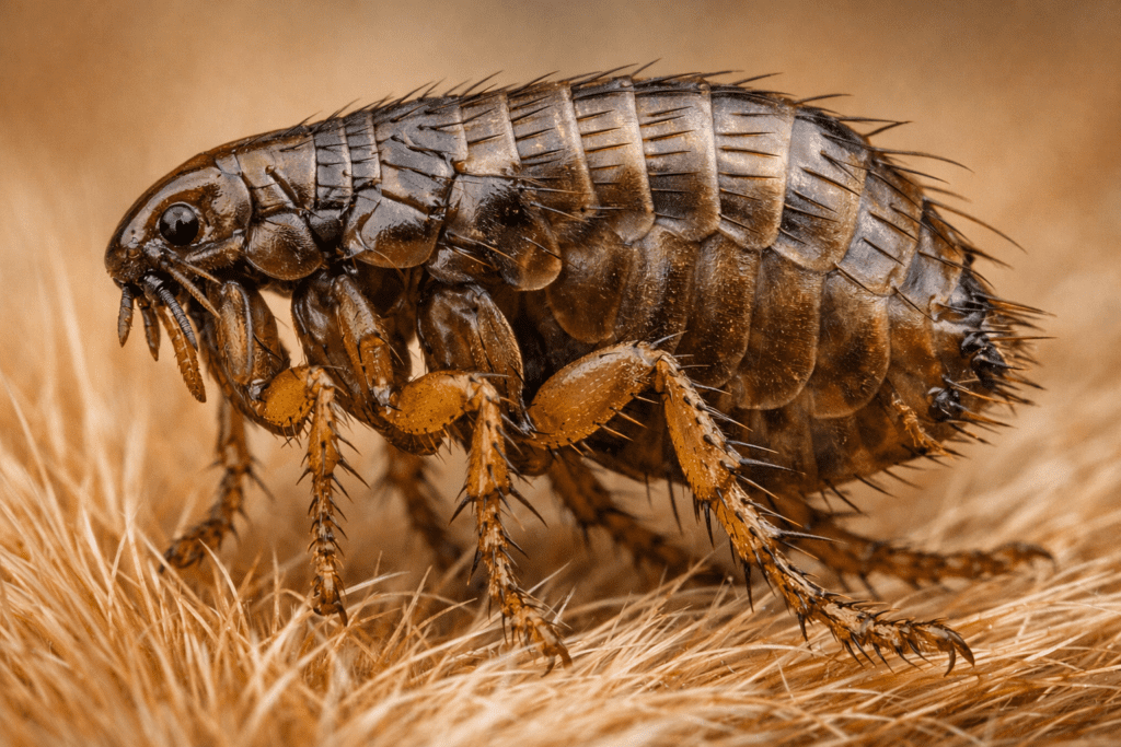 Detailed macro photograph of a flea on pet fur showing body segments and legs for flea identification and removal education