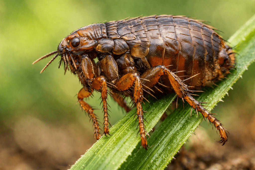 Macro photograph of a flea on grass blade showing detailed body structure and legs for yard flea control identification