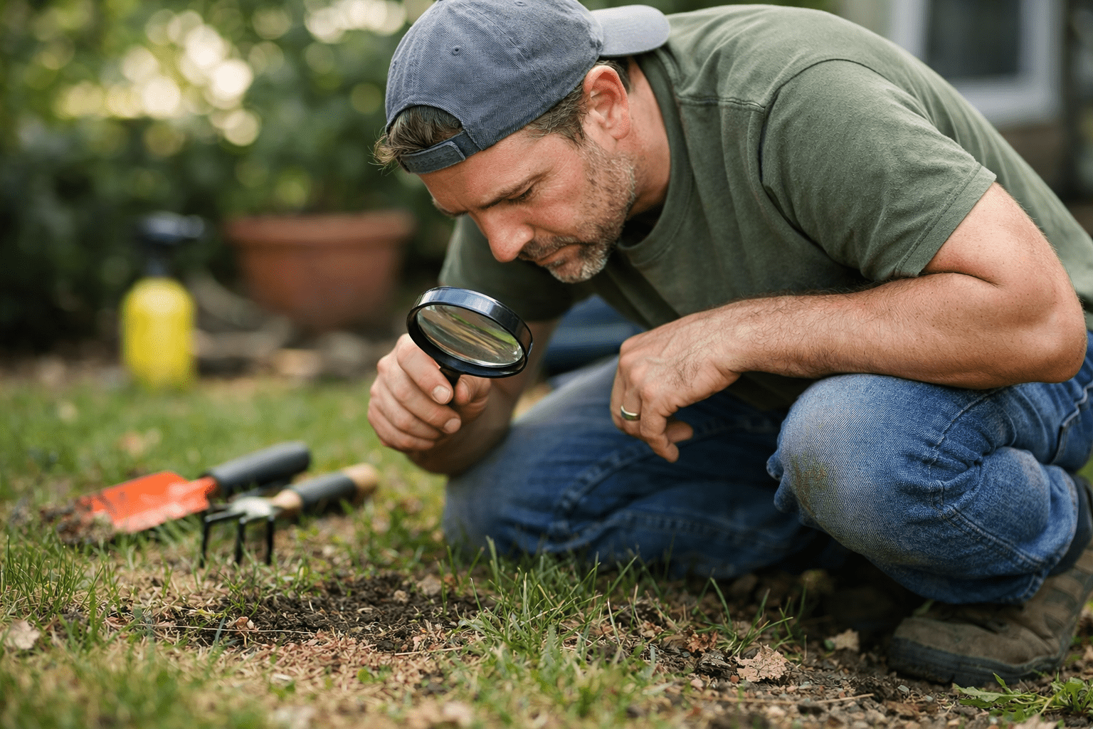 Homeowner inspecting yard grass and soil for fleas using magnifying glass for outdoor flea control assessment