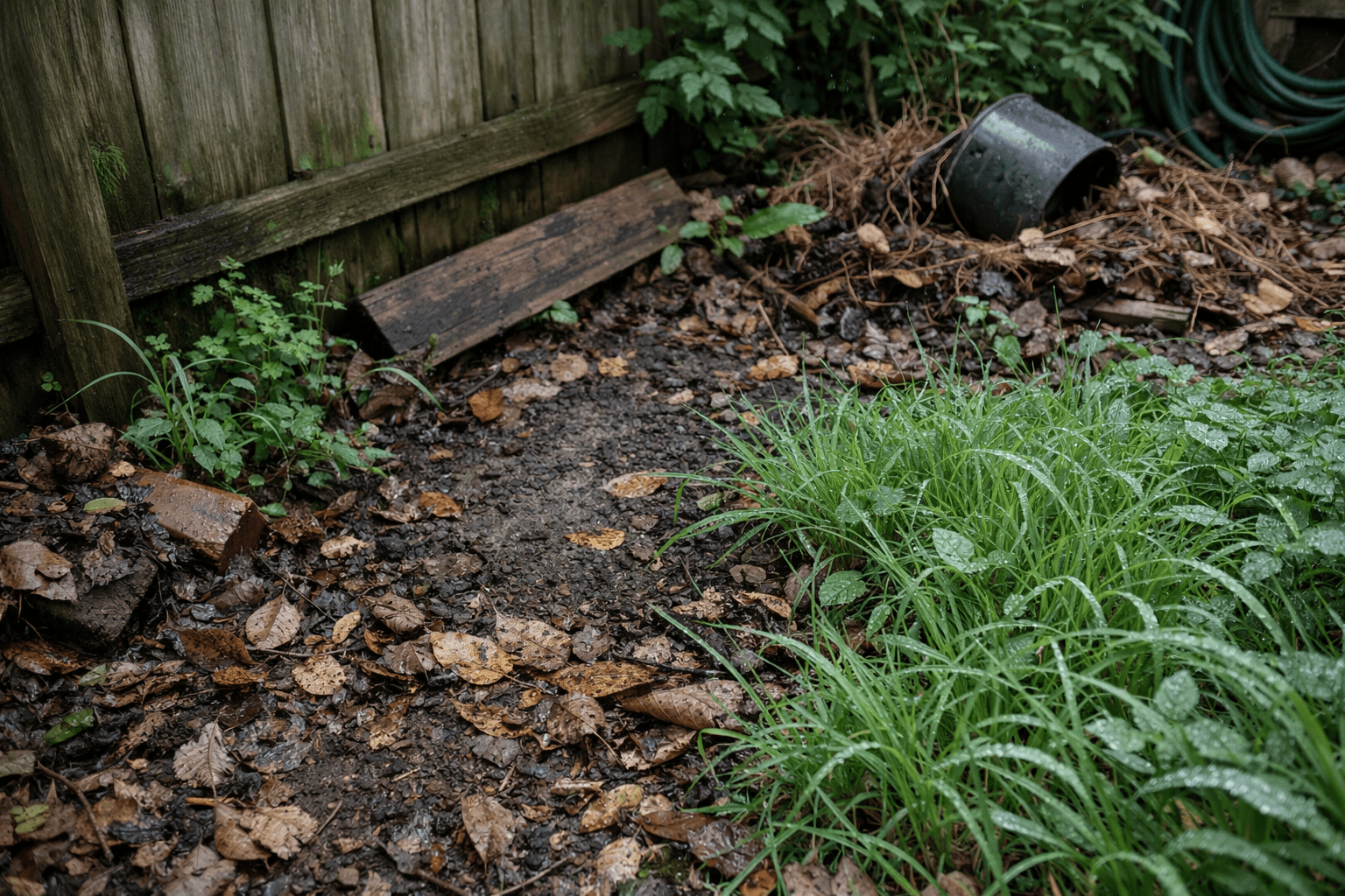 Shaded humid yard area with dense grass and leaf litter showing typical flea habitat hotspots in outdoor spaces