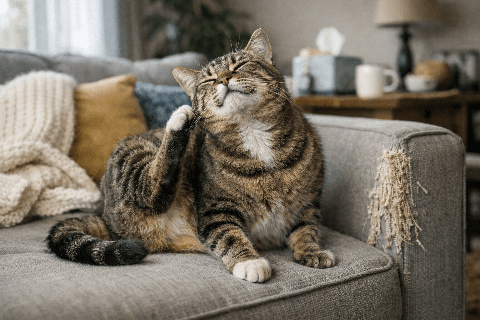 Cat scratching on couch in home setting, showing typical flea infestation environment