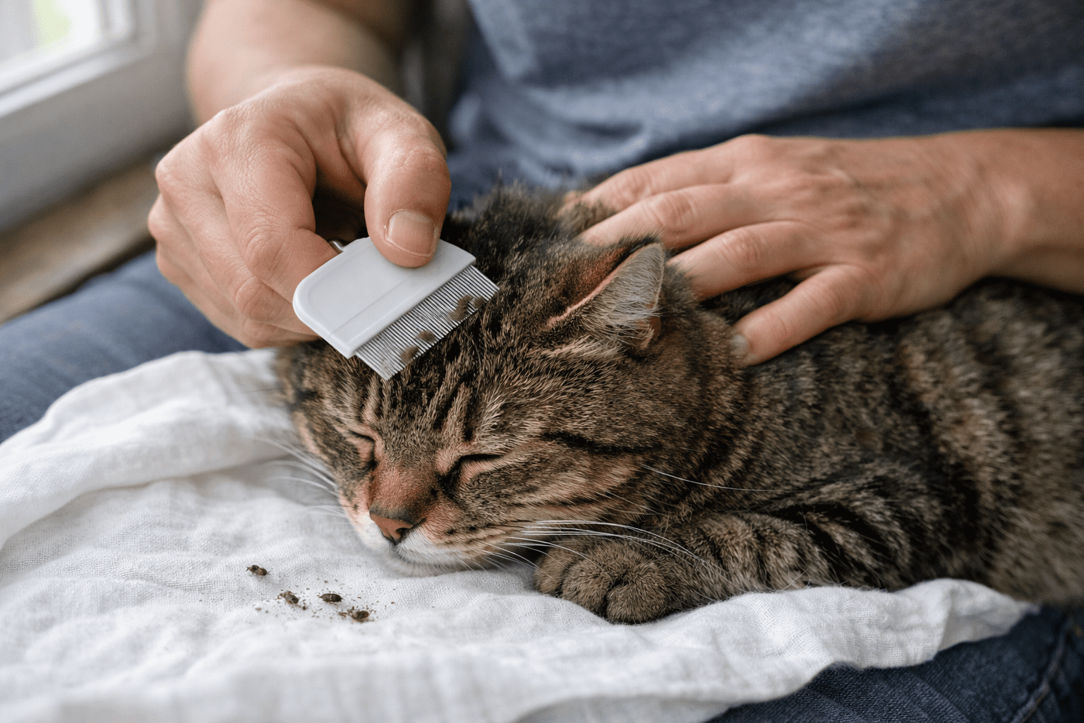 Person using flea comb on cat fur for safe flea removal treatment at home