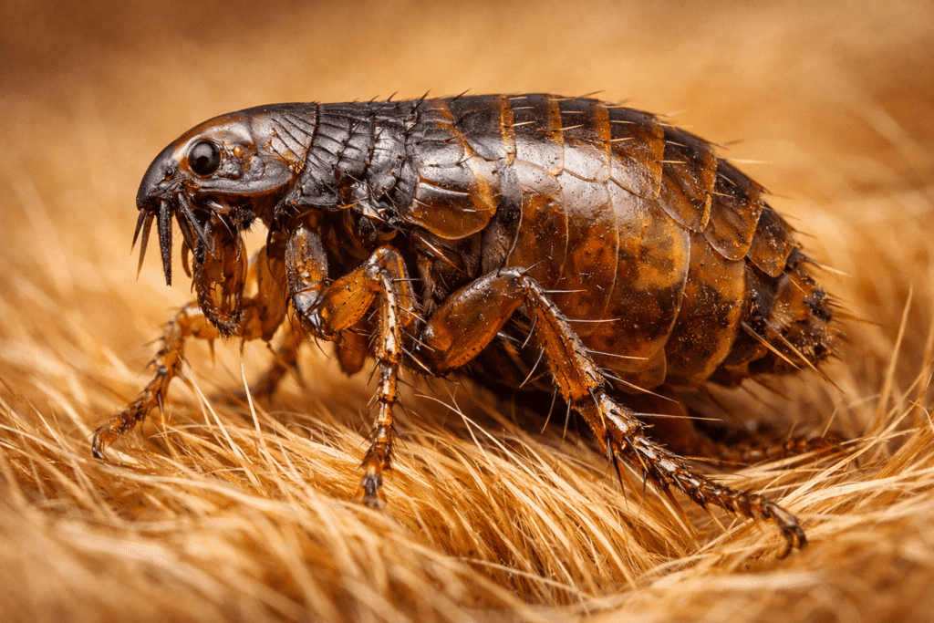 Detailed macro photograph of a flea on cat fur showing body structure and legs