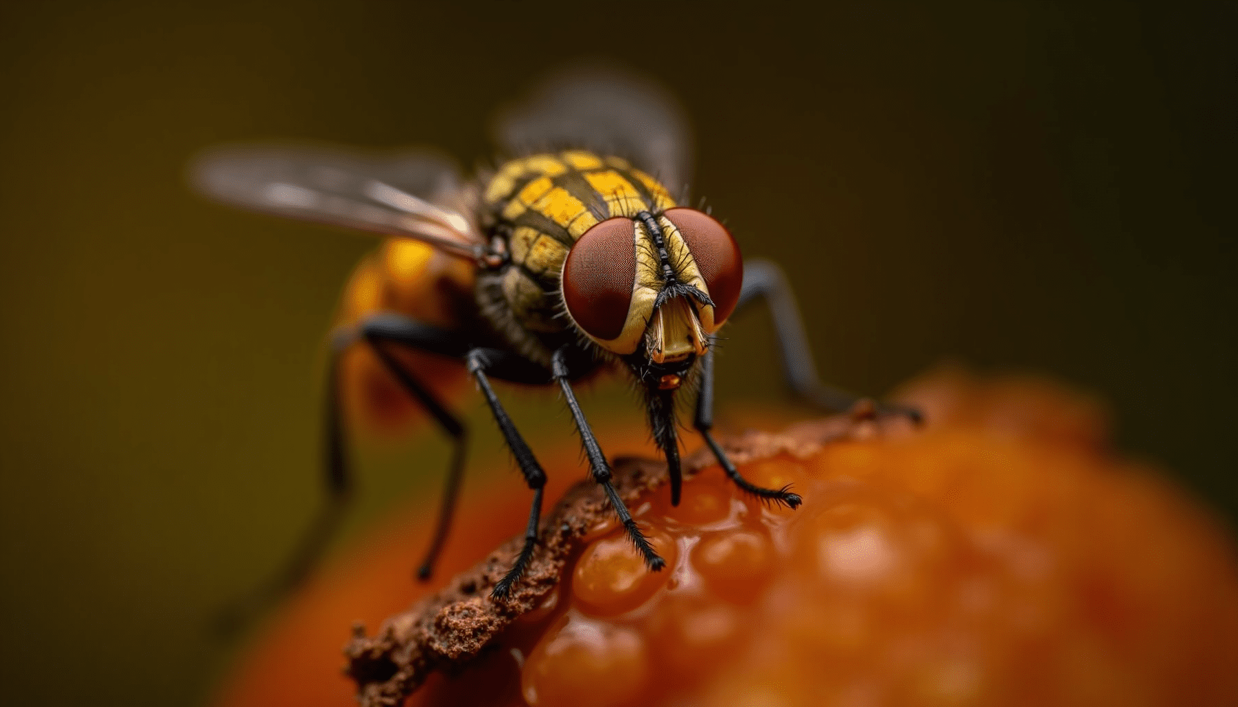 Close-up of a fruit fly on rotting fruit, showcasing details and colors for fruit fly control.