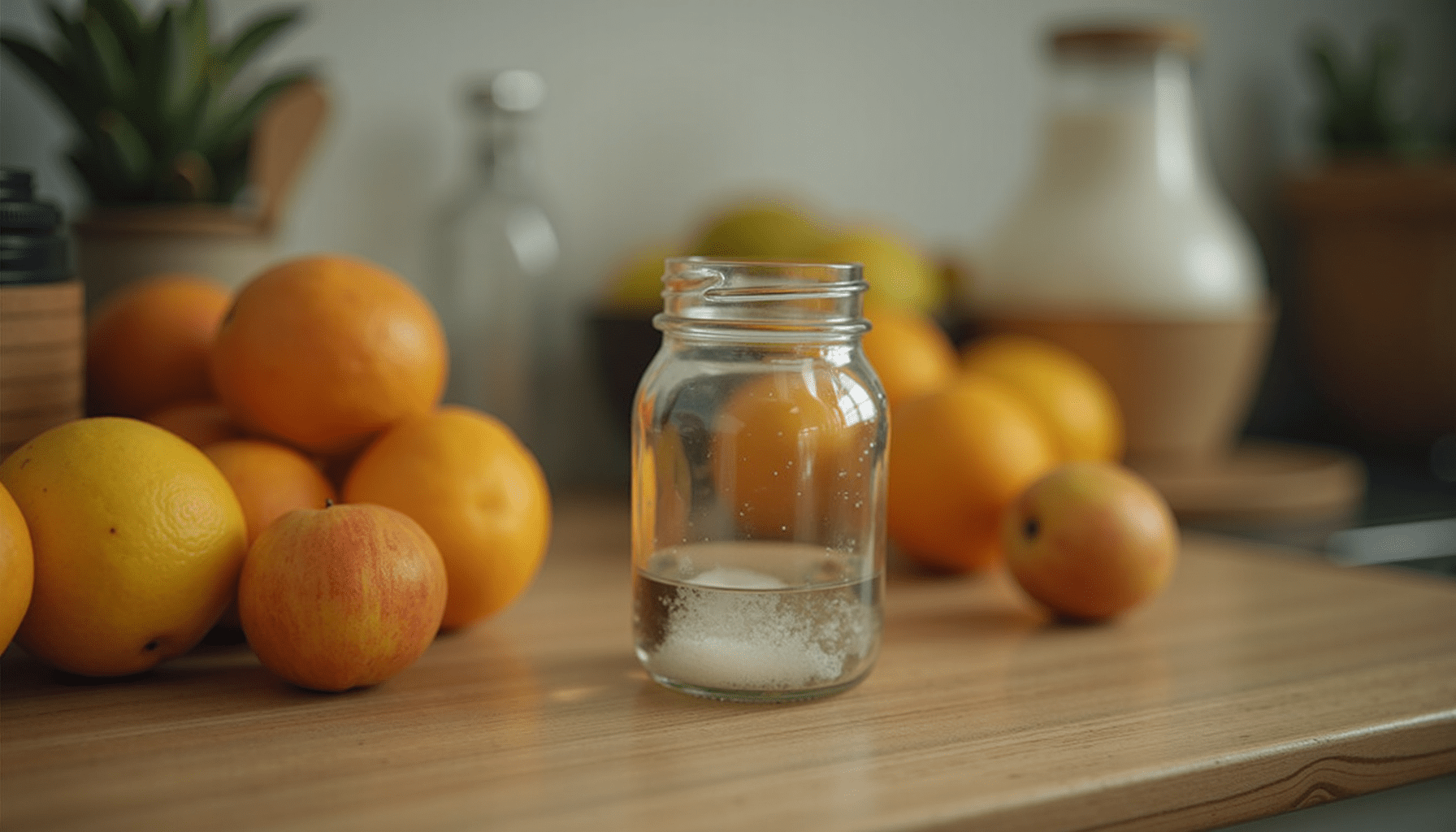 Kitchen scene with fruit and a homemade trap, illustrating effective fruit fly control methods.