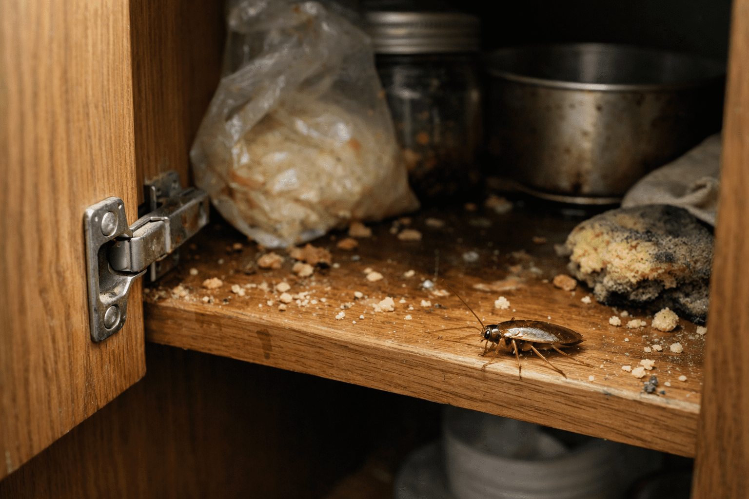 Kitchen cabinet interior showing German cockroach hiding spot with food debris and moisture