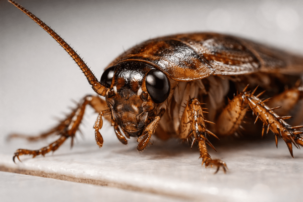 German cockroach macro photography showing detailed brown exoskeleton and antennae on tile surface