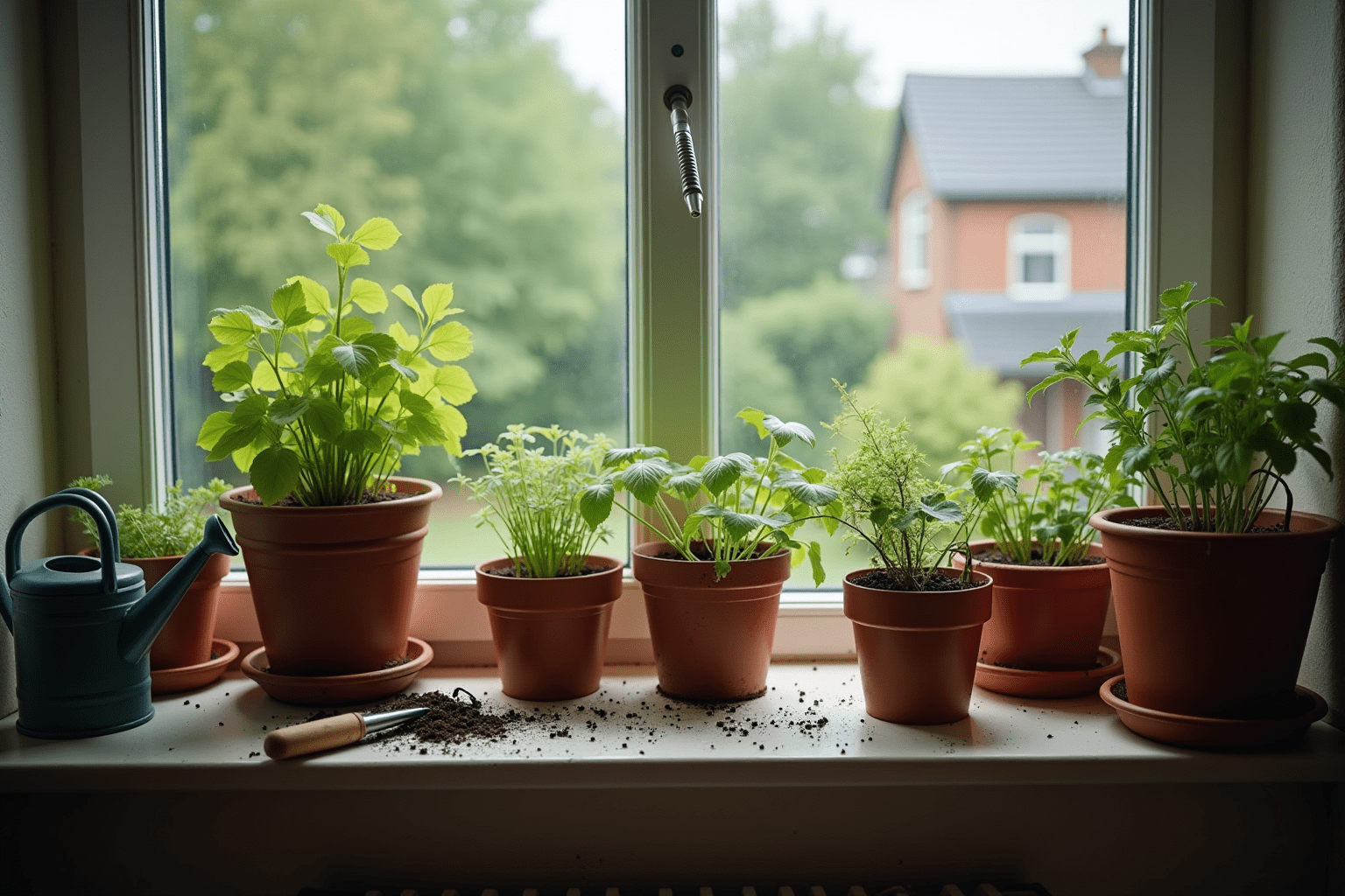 Indoor scene with potted plants and signs of gnats in the soil, illustrating a common habitat.