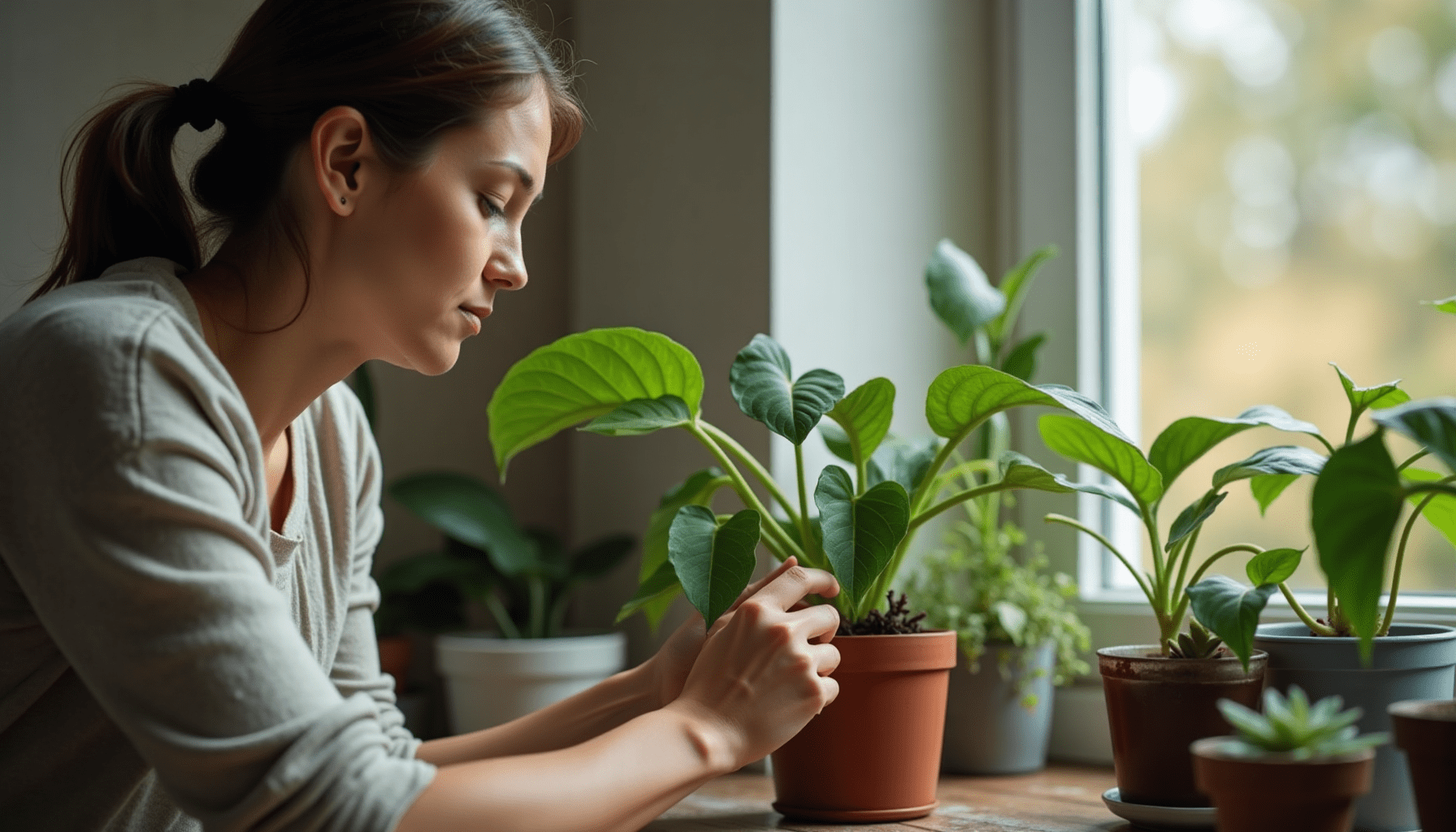 Person inspecting a houseplant for gnats, surrounded by gardening tools and natural light.