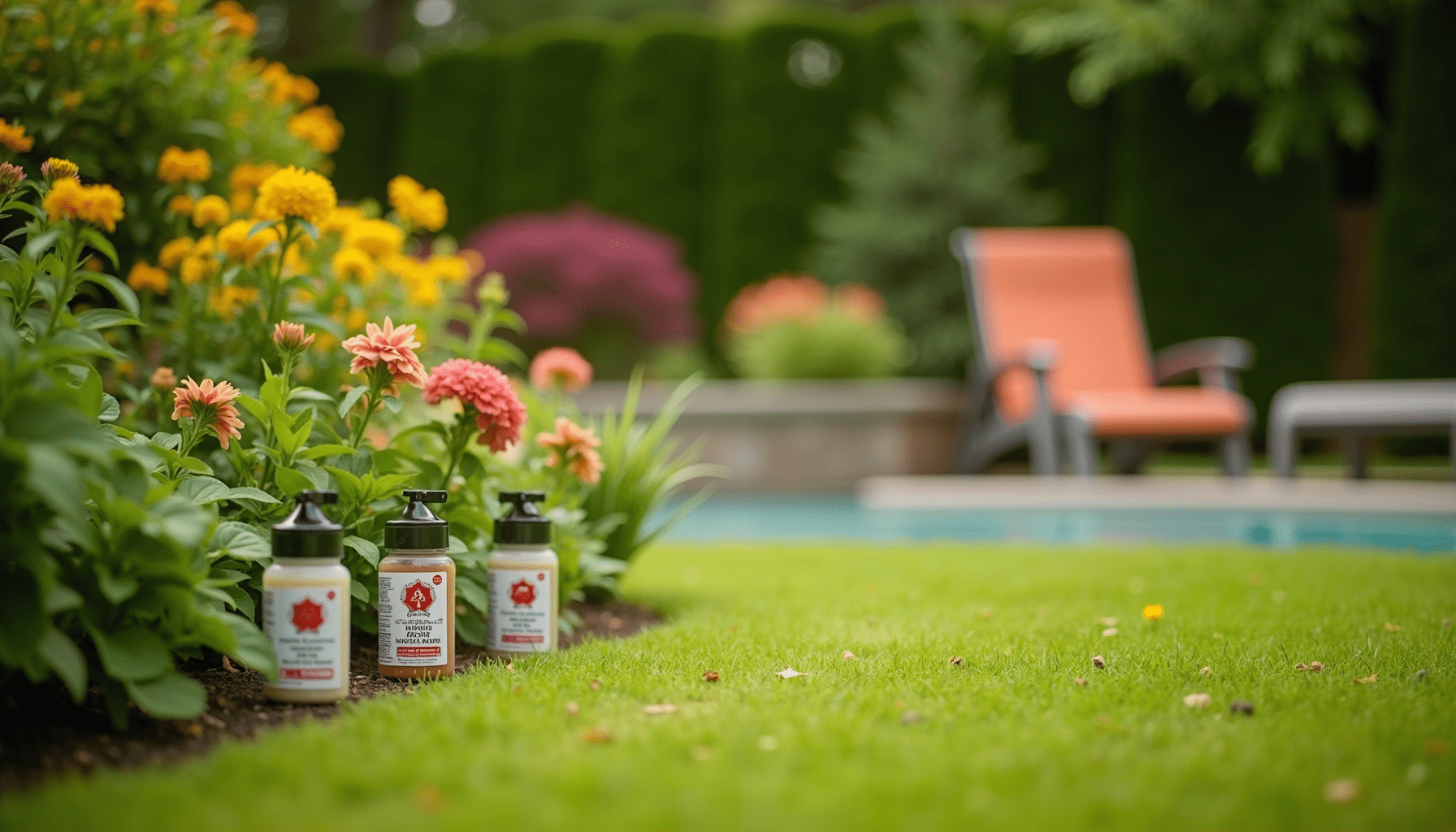 Backyard scene with horse fly traps and plants, illustrating effective horse fly prevention methods.