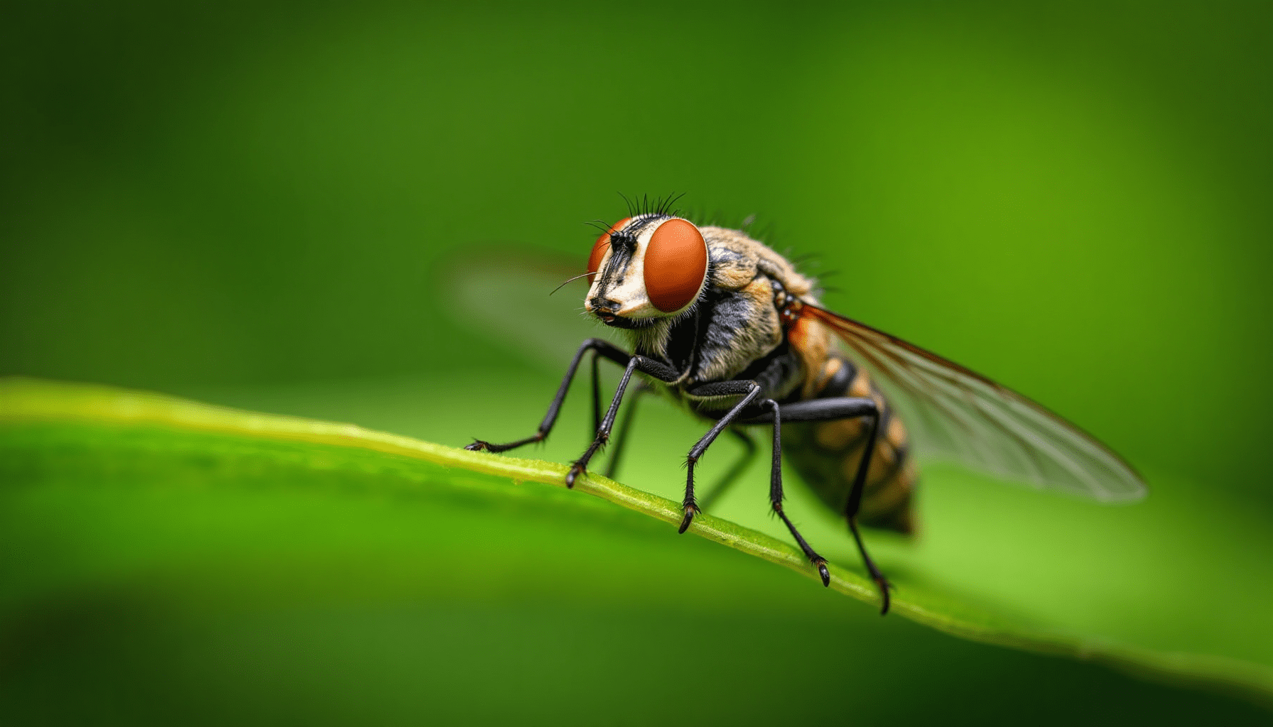 Close-up of a horse fly on a leaf, showcasing its details and textures, ideal for horse fly control discussion.