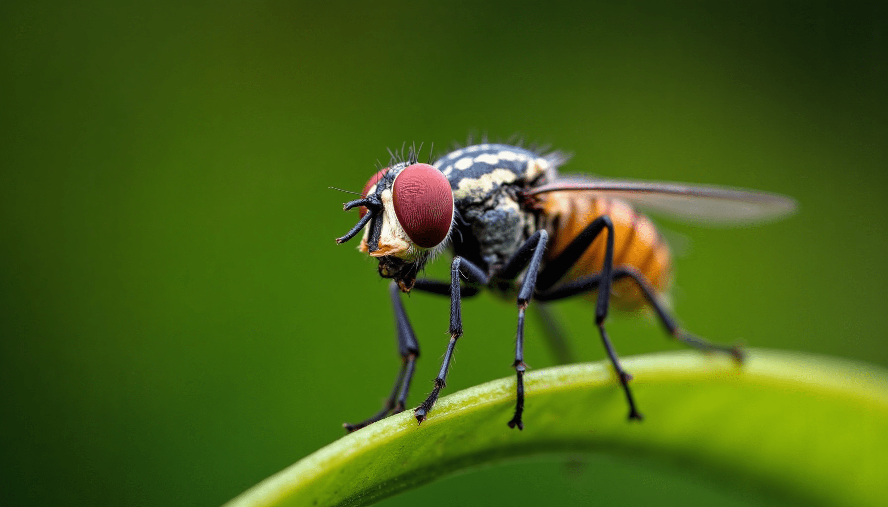 Close-up of a house fly on a green leaf, showcasing intricate details and natural habitat.