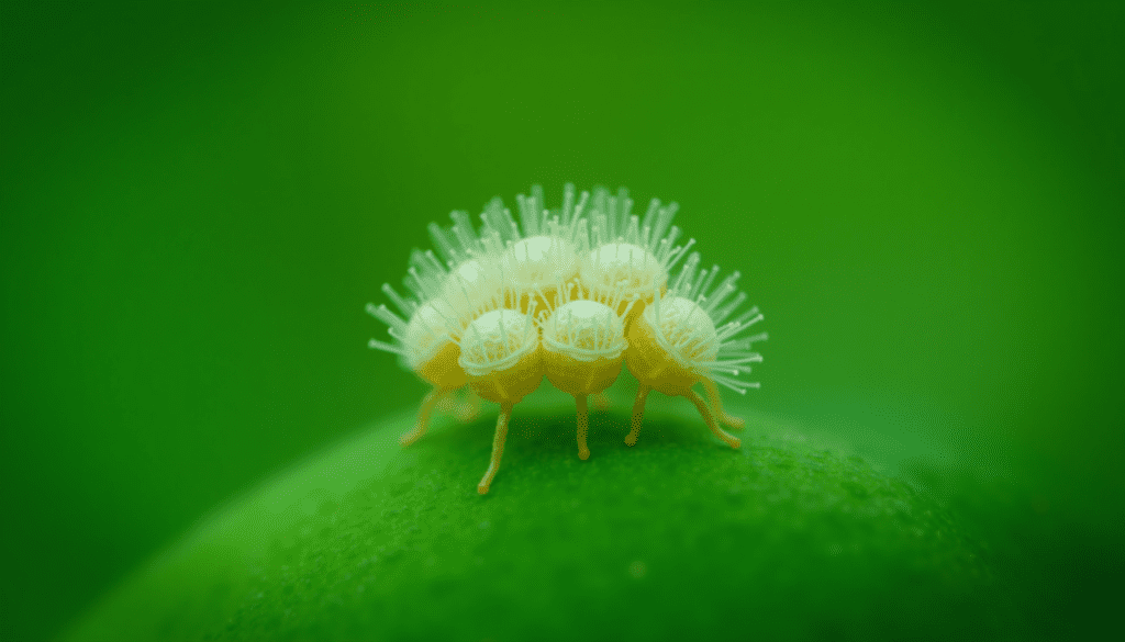 Dramatic macro shot of mealybugs infesting a vibrant green indoor plant leaf, showing their fuzzy white bodies.