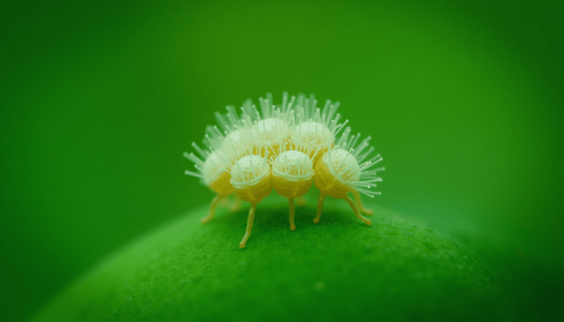 Dramatic macro shot of mealybugs infesting a vibrant green indoor plant leaf, showing their fuzzy white bodies.