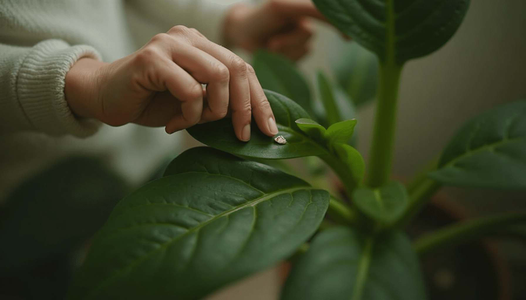 Person's hands closely inspecting a houseplant leaf for mealybugs, demonstrating natural pest control methods.