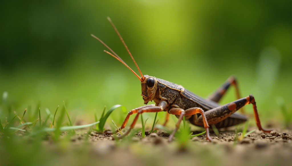 Close-up of a mole cricket revealing its detailed body and vibrant colors in a grassy setting.