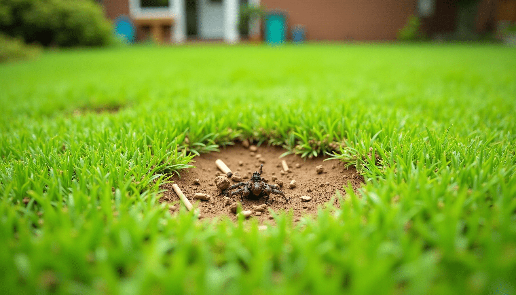 Lawn showing damage from mole crickets with brown patches and loose soil.