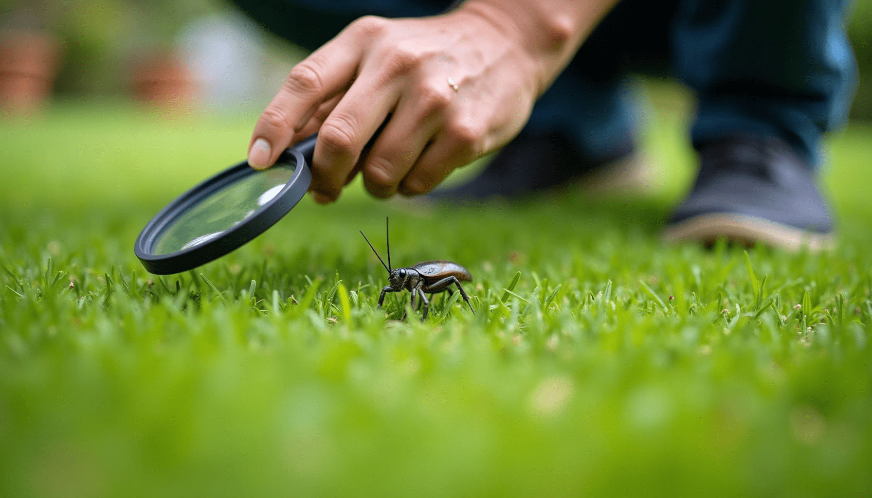 Person inspecting grass for mole crickets in a casual home garden setting.