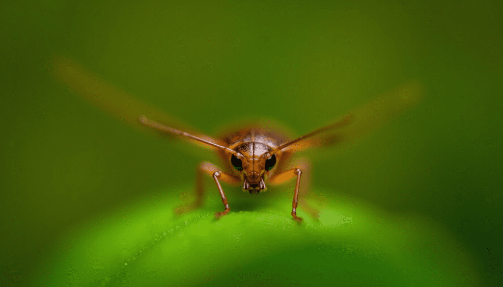Close-up of a cockroach on a leaf, highlighting its details and natural colors.