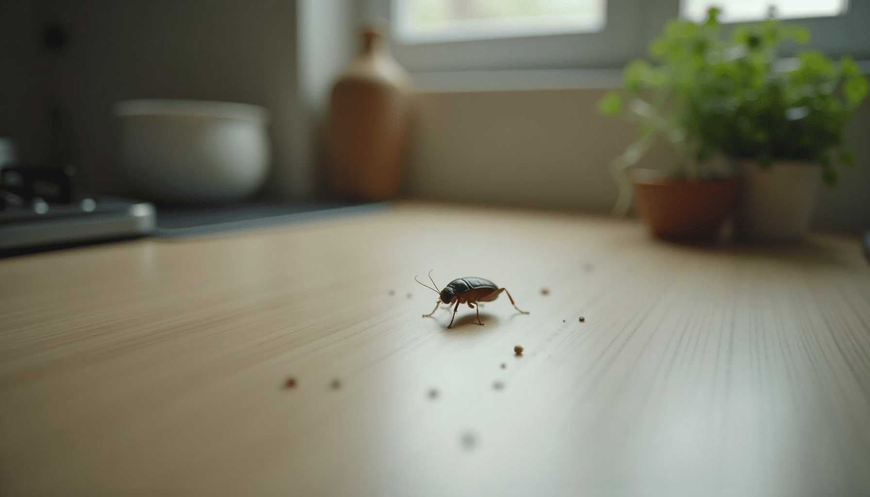 Apartment kitchen corner showing signs of cockroach presence and potential pest control.