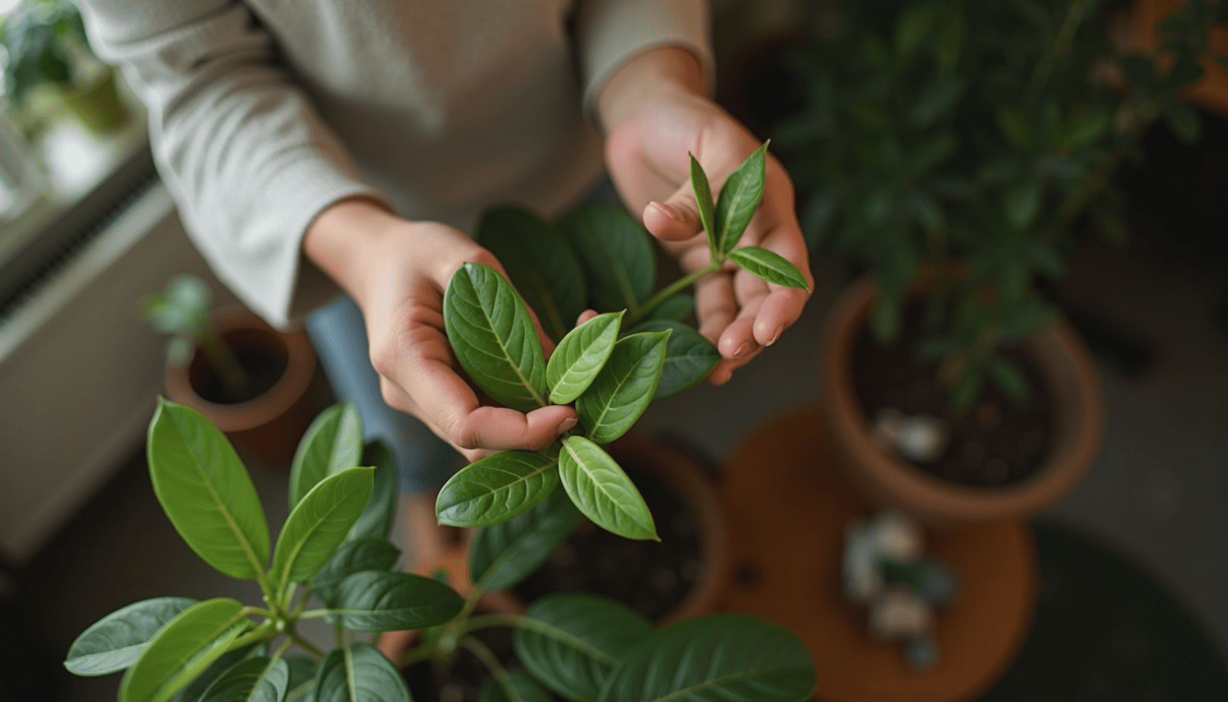 Person inspecting plants for cockroaches in a cluttered apartment environment.