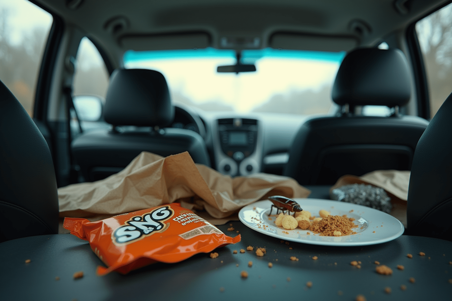 Interior of a cluttered car with food remnants where roaches can be found.