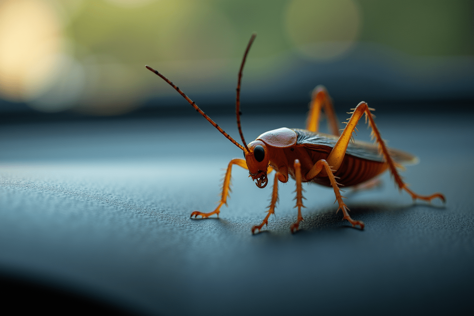 Close-up of a cockroach on a car dashboard, showcasing its details and textures.