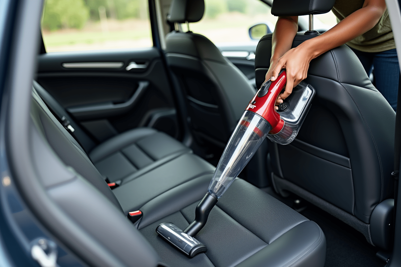 Person vacuuming car interior to remove crumbs and prevent roaches.