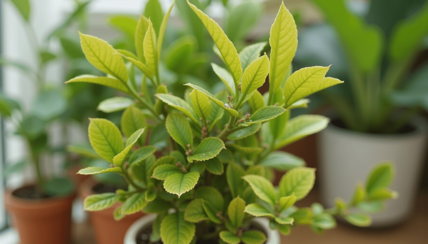 Medium shot of a houseplant in a pot, showing visible clusters of scale insects on its leaves and stems, indicating an infestation.