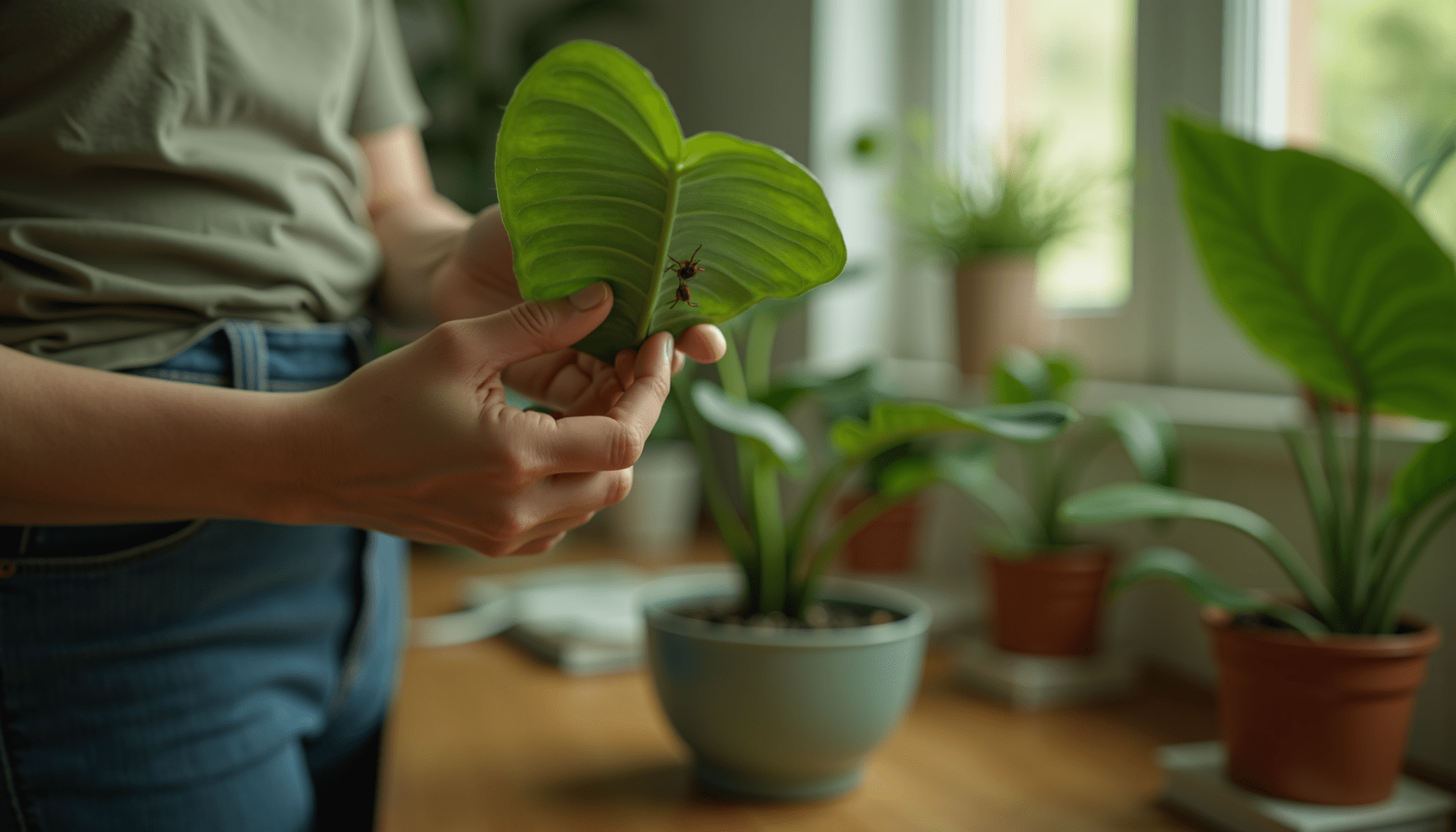 A person's hands gently inspecting the underside of a houseplant leaf for scale insects, demonstrating plant pest control.