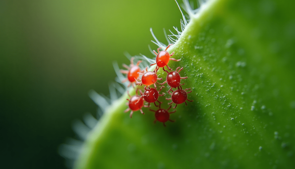 Dramatic macro shot revealing tiny red spider mites and their delicate webs on a houseplant leaf, showing early damage.