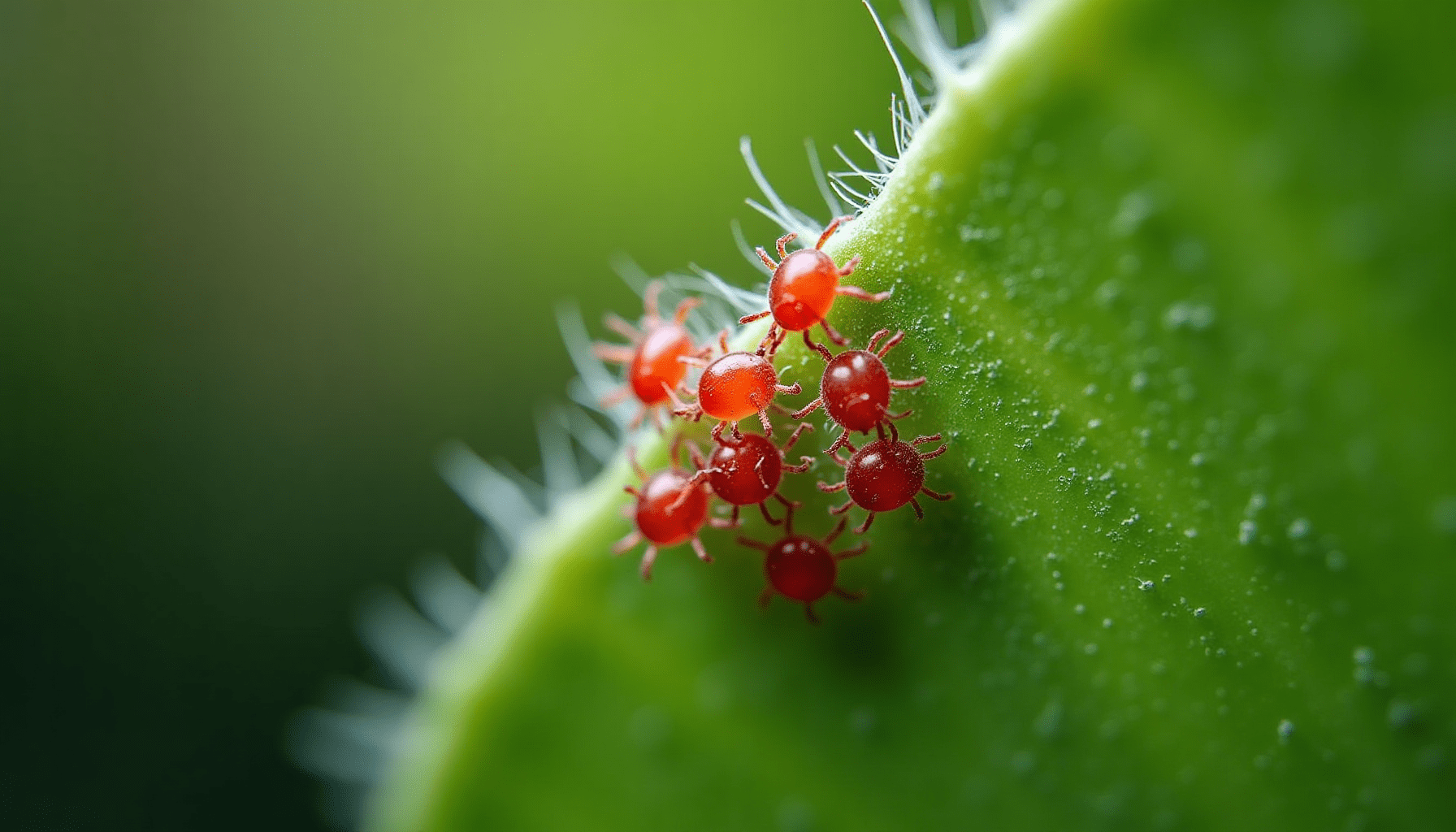 Dramatic macro shot revealing tiny red spider mites and their delicate webs on a houseplant leaf, showing early damage.