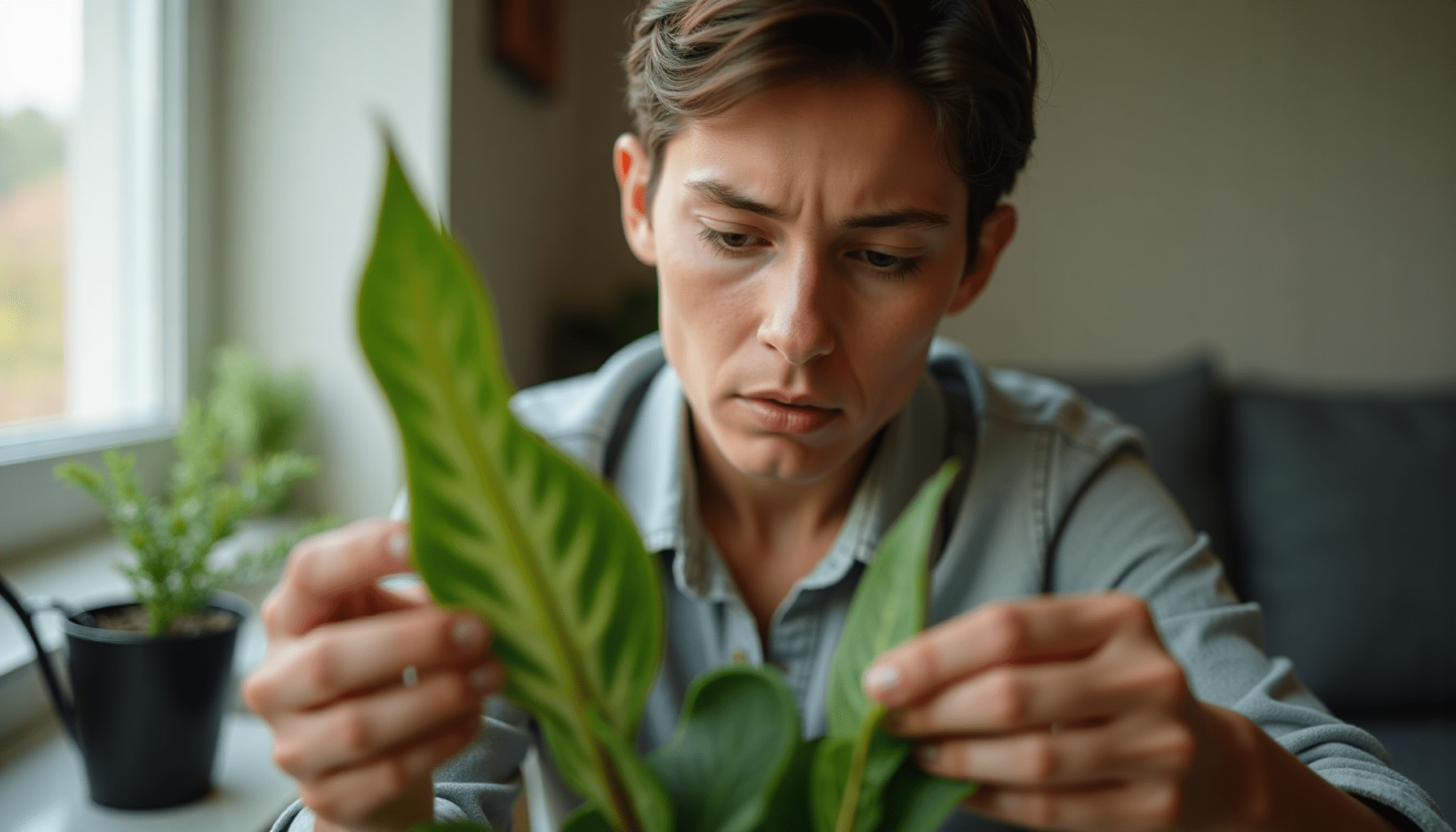 Person inspecting an indoor plant leaf for spider mites, demonstrating how to check for plant pest removal.