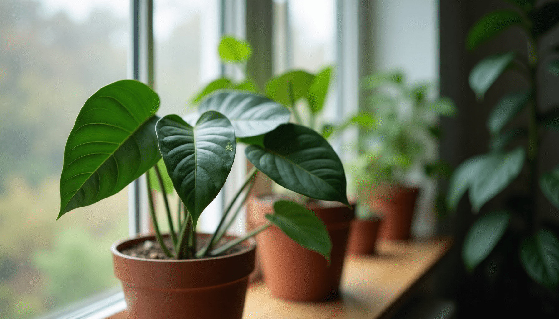 Houseplant on a windowsill showing visible spider mite damage and fine webs, illustrating a common indoor pest problem.