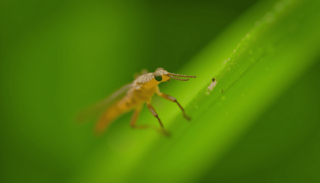 Dramatic macro close-up of a tiny thrips insect with detailed antennae and wings, resting on a vibrant green plant leaf showing minor damage.