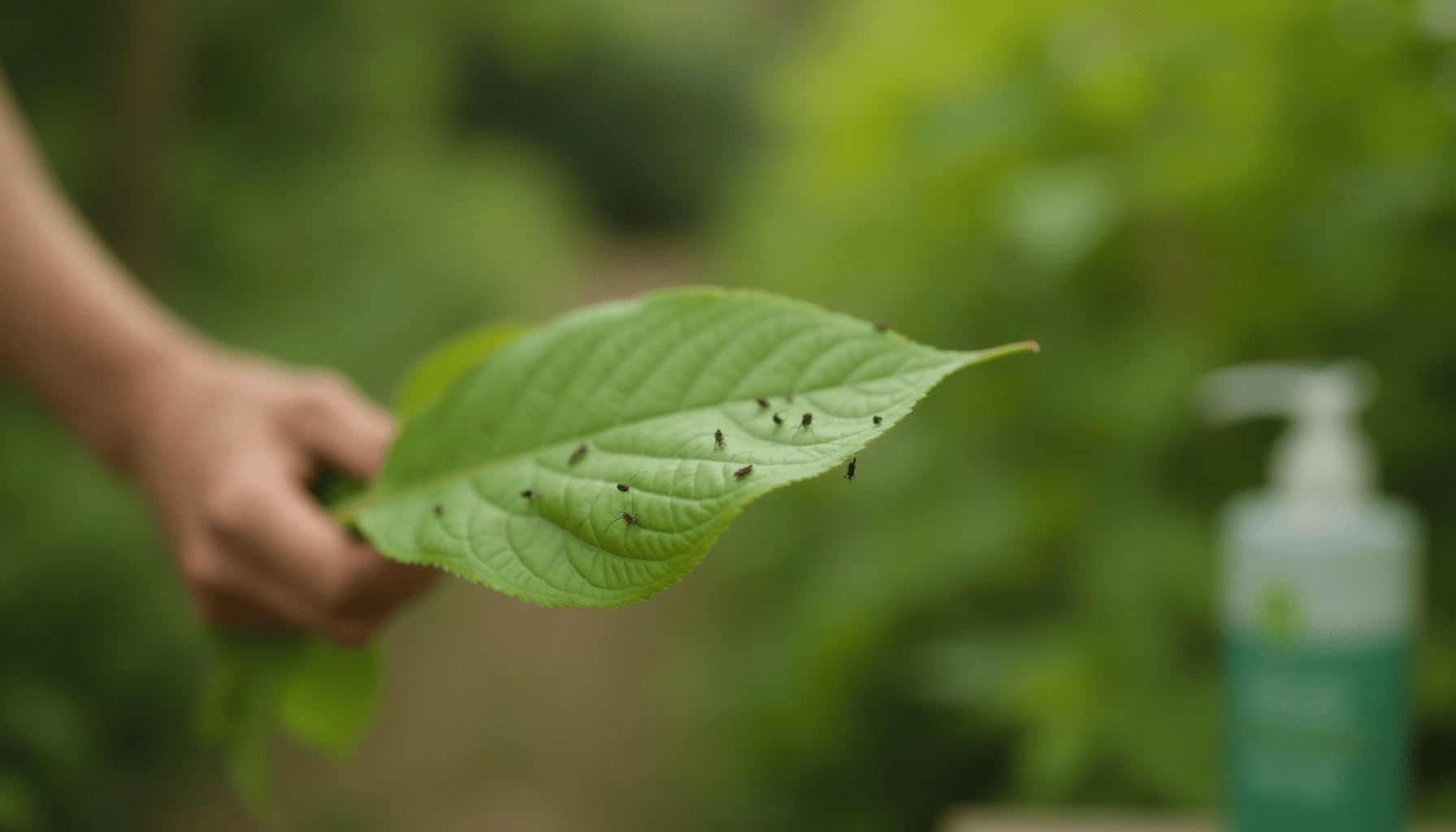 A close-up of a gardener's hands inspecting the underside of a plant leaf for thrips, demonstrating practical thrips treatment and observation in a natural garden setting.