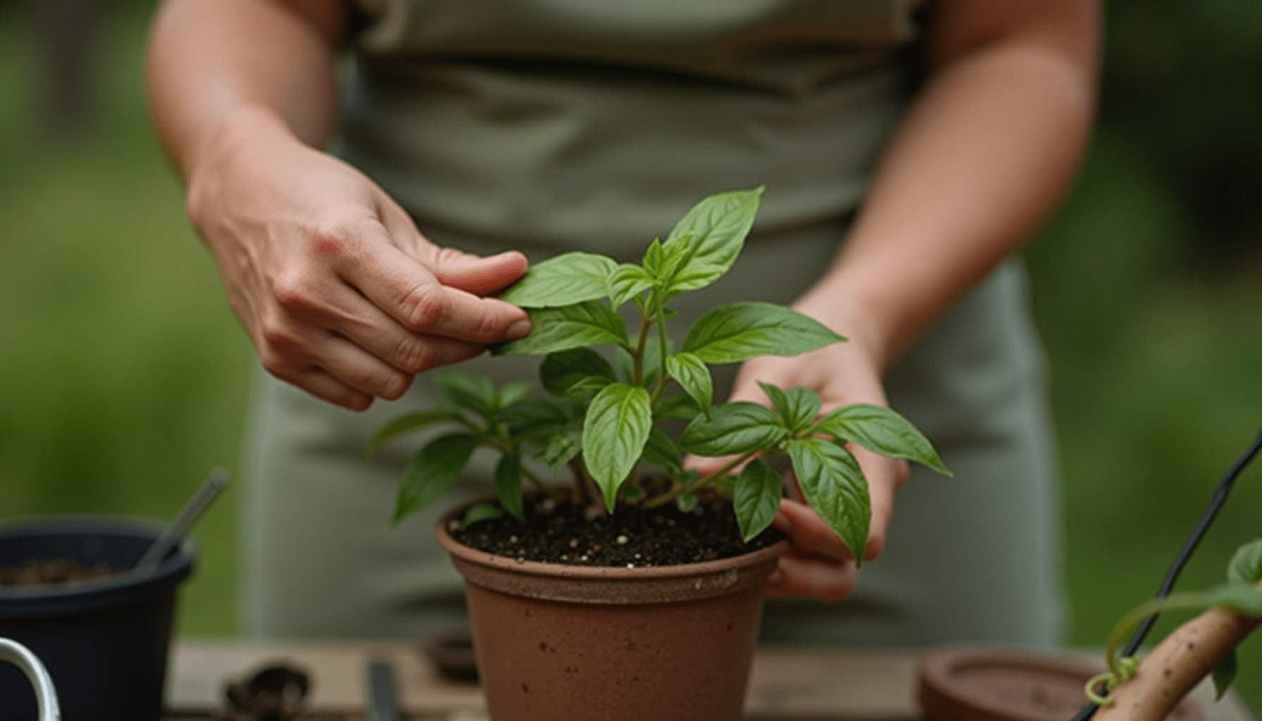 A person's hands carefully inspect the underside of a plant leaf for whiteflies, demonstrating effective plant pest removal.