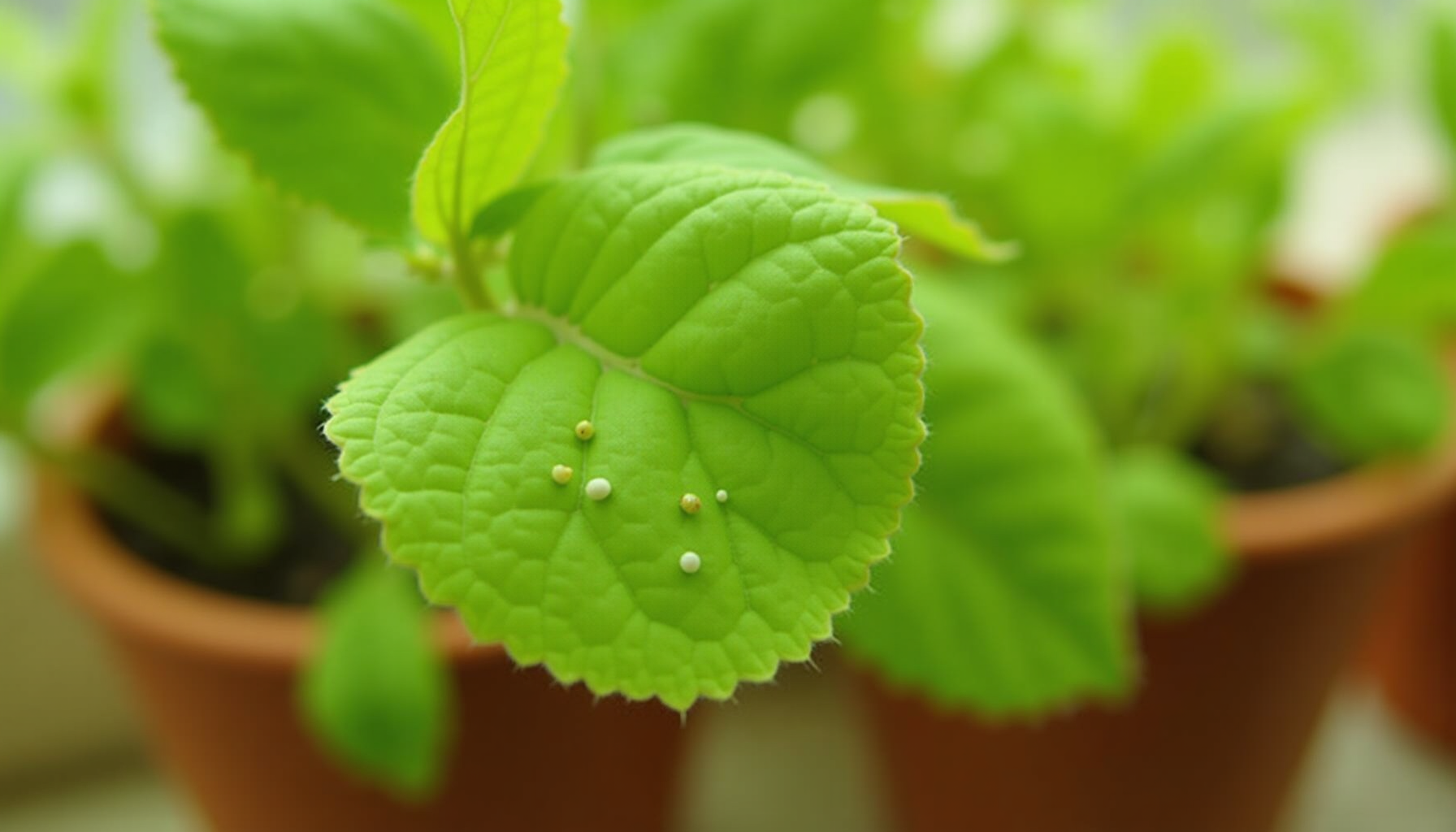 Medium shot of houseplant leaves showing yellowing and tiny whiteflies, indicating a common plant pest infestation.