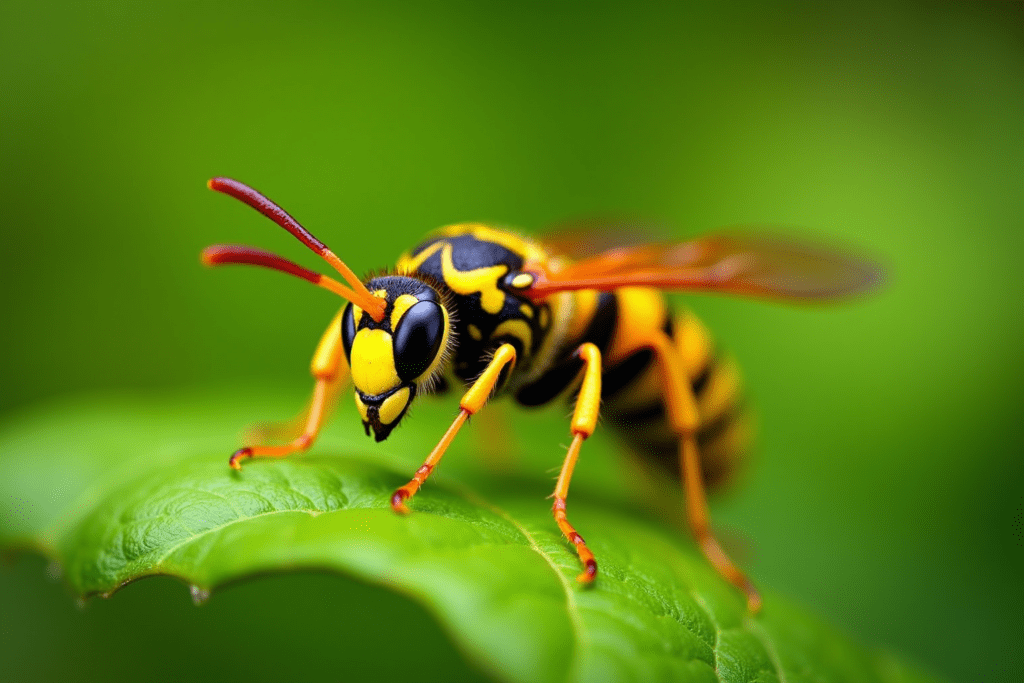 Close-up of a yellow jacket wasp on a leaf, showcasing its details and colors.