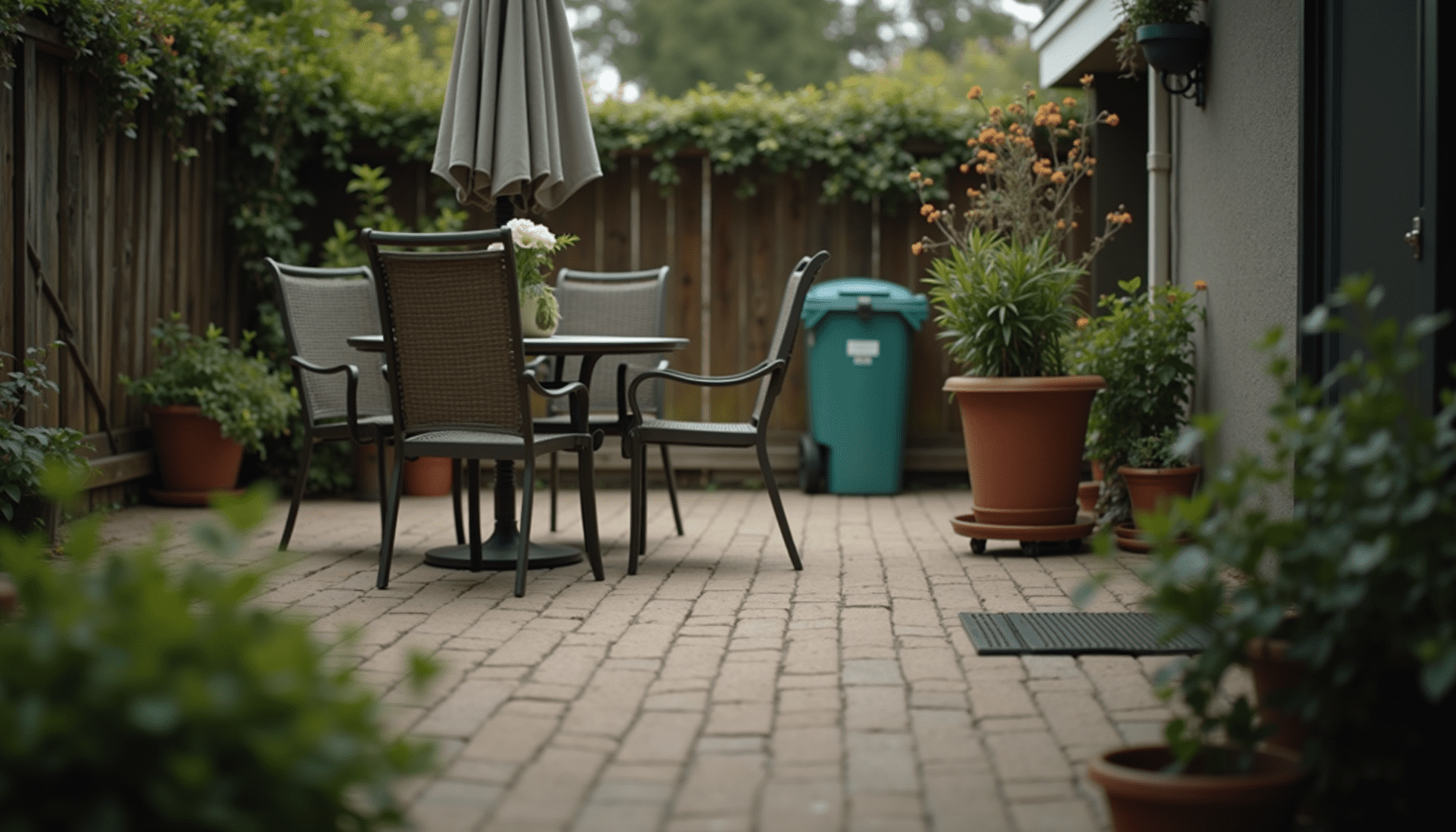 Backyard patio scene with yellow jacket signs and nest, illustrating pest management context.