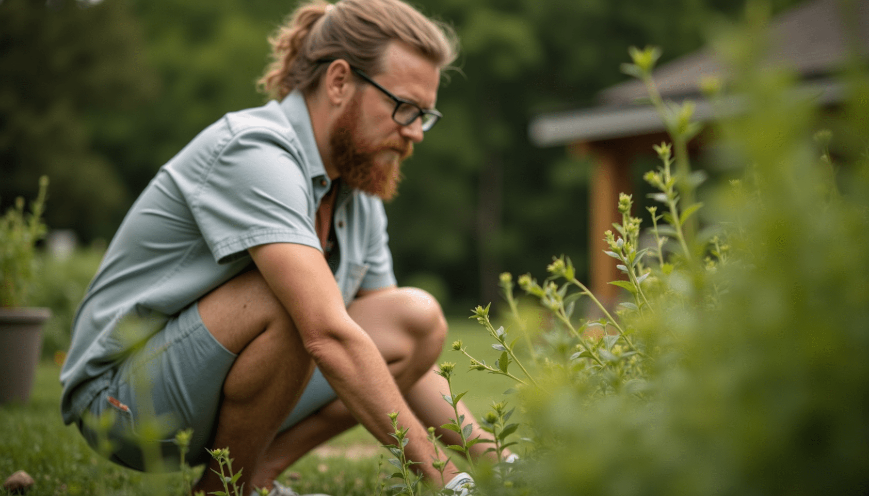 Person inspecting garden plants for yellow jackets, demonstrating pest management techniques.