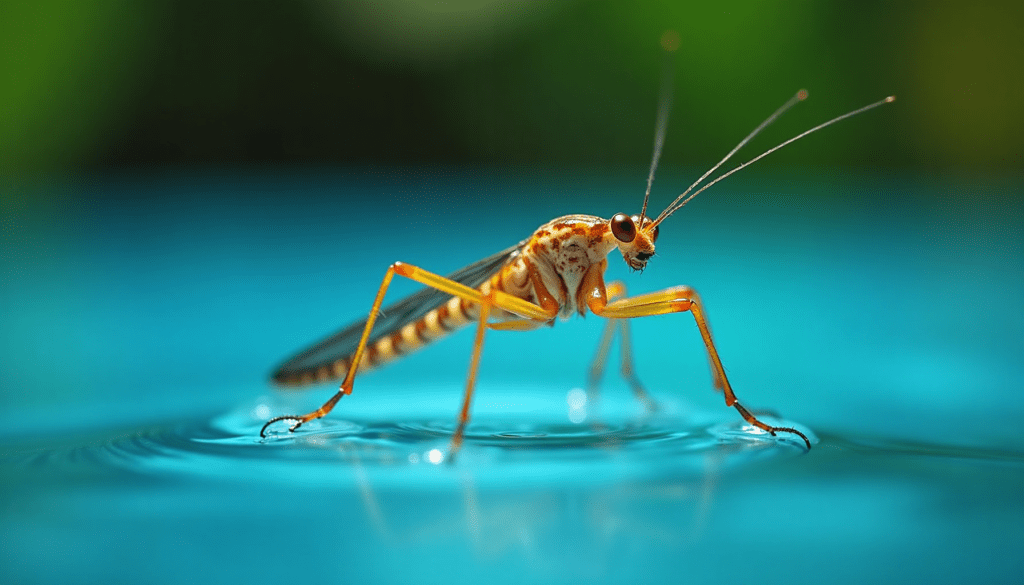 Dramatic macro photograph of a water boatman on the surface of a pristine swimming pool, highlighting the challenge of pool insect control.