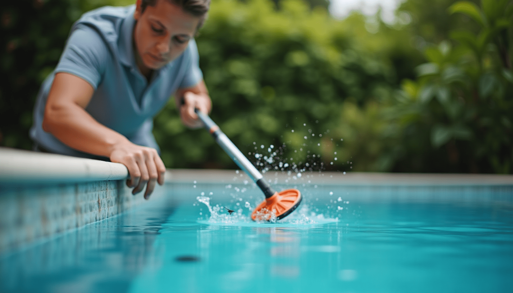 A person casually skimming the pool surface, a practical step in effective pool insect control and keeping bugs out of pool.