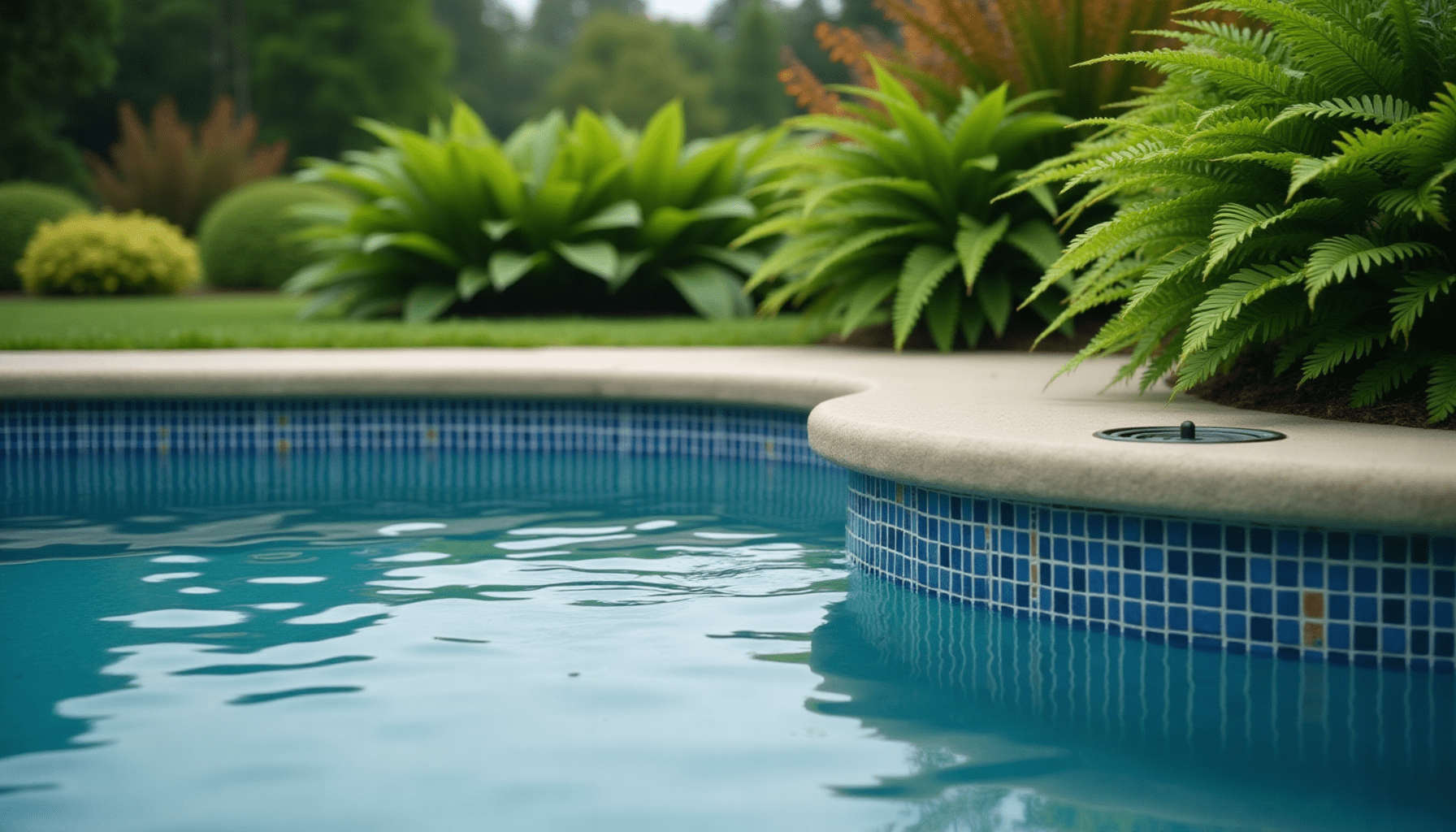 Swimming pool's edge, surrounded by lush garden plants, illustrating the environment for natural pool bug solutions.
