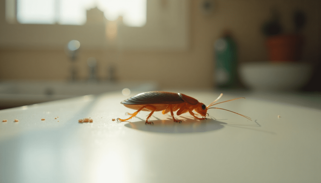 Detailed view of a cockroach on a kitchen surface, highlighting its features and habitat.
