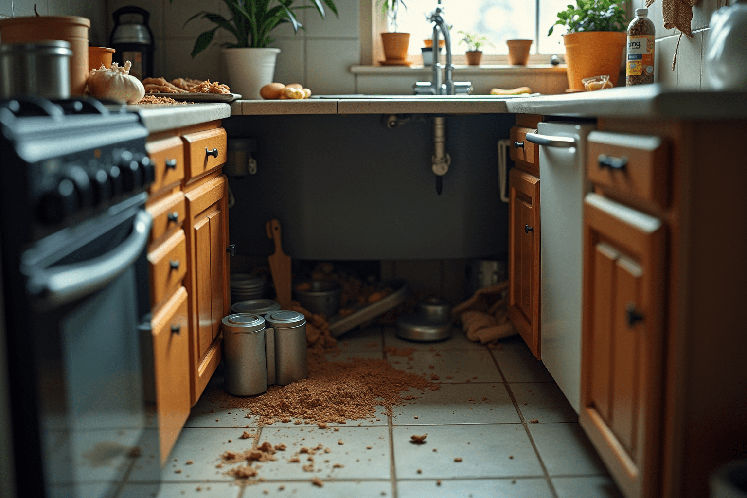 A kitchen environment illustrating potential cockroach habitats and food sources.