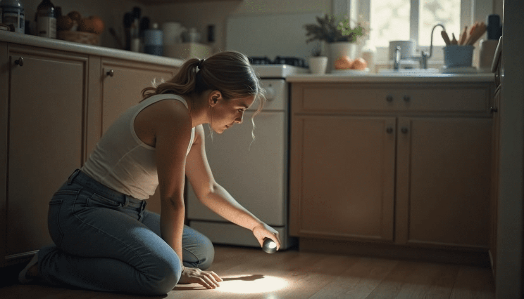 Person inspecting kitchen for cockroaches, focusing on prevention and home hygiene.