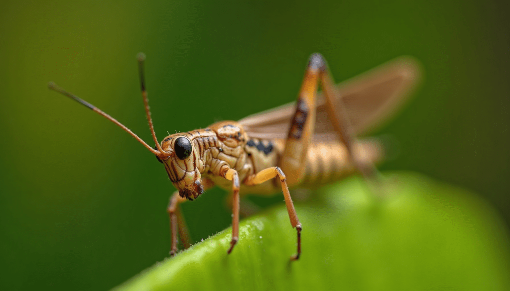 Close-up of a cricket on a leaf, showcasing its details in a natural habitat.