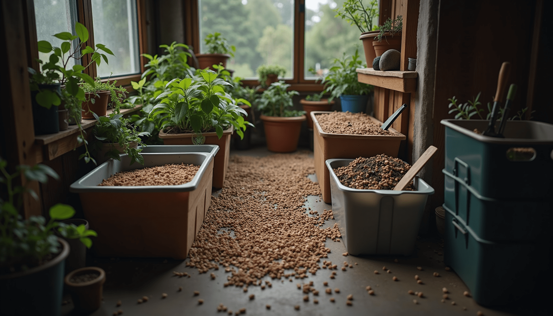 Home cricket farming setup with bins and plants, illustrating a breeding environment.