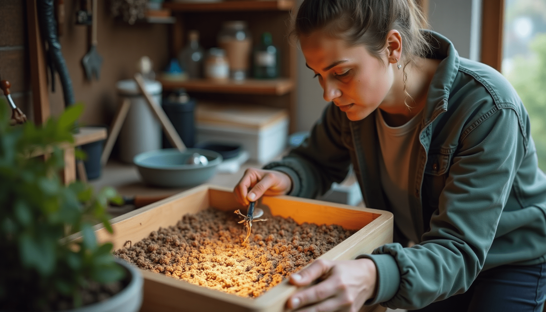 Person inspecting a cricket breeding bin in a casual home environment.